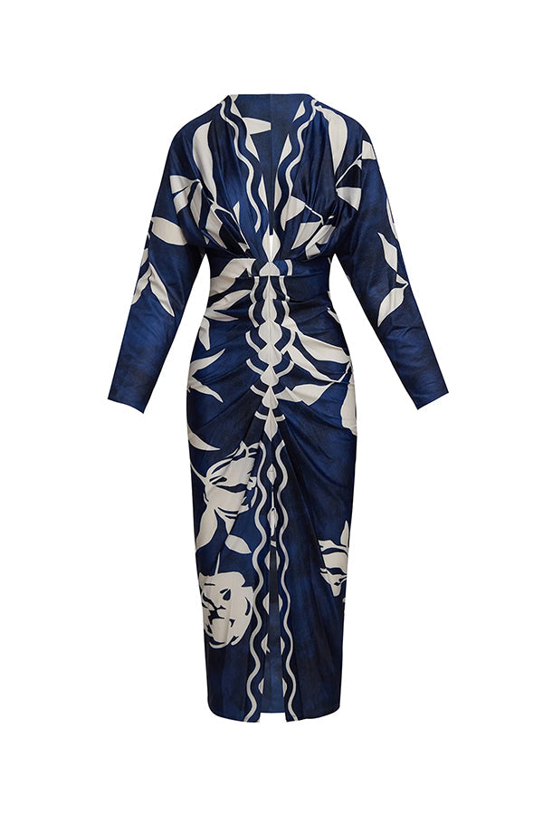 Unikalna sukienka midi w stylu brazylijskim z nadrukiem nietoperza i długim rękawem z plisowanym rozcięciem