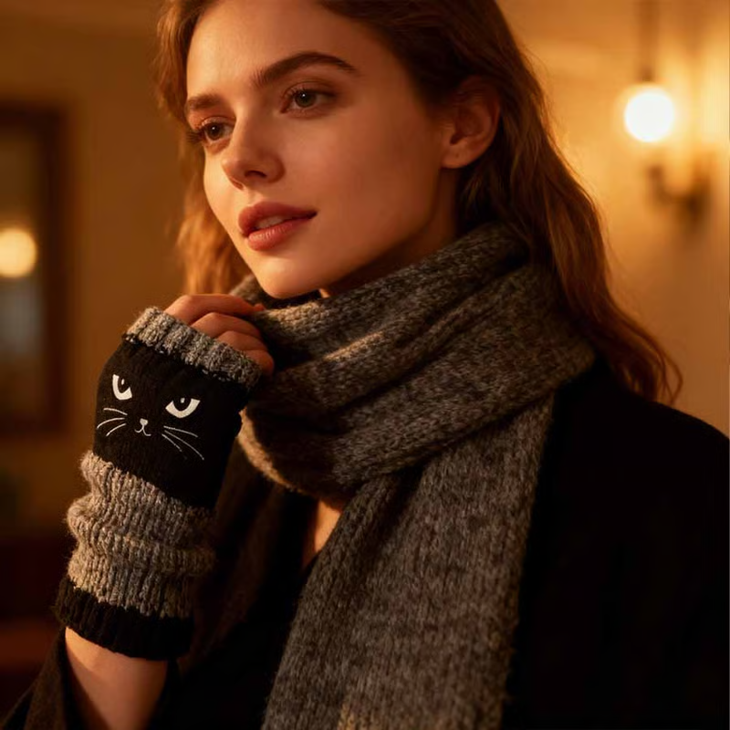 🐱 Śliczne damskie rękawiczki dzianinowe w kształcie kota🧤🧶