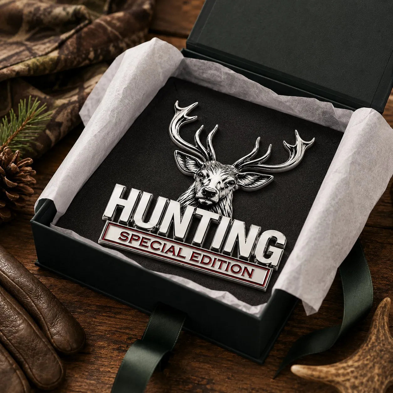 🦌 HUNTING Edycja Specjalna - metalowy emblemat 3D chromowany na samochód
