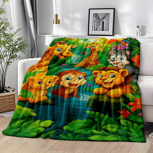 Pluszowy flanelowy koc z kreskówkowym wzorem dżungli