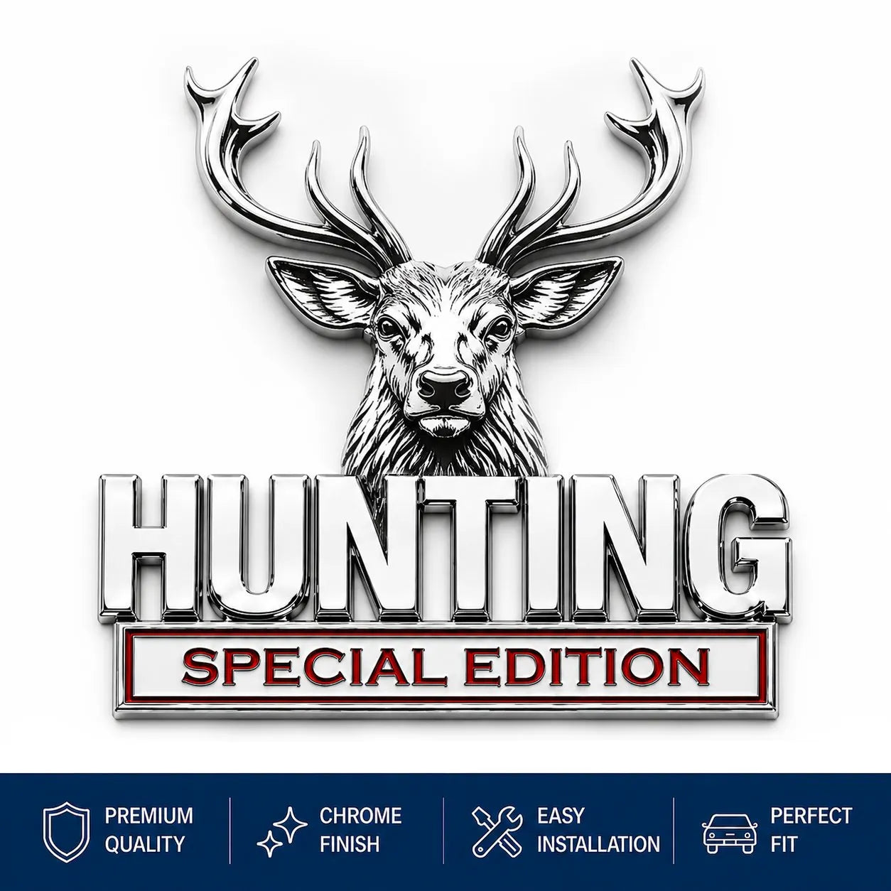 🦌 HUNTING Edycja Specjalna - metalowy emblemat 3D chromowany na samochód