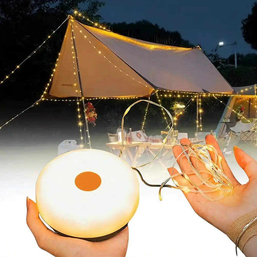 Lampa kempingowa Camp Lamp™💡 33-stopowy, zwijany łańcuch świetlny 🔋 8 godzin pracy na baterii 🌈 Wiele ustawień kolorów ⚙️ Montaż w kilka sekund