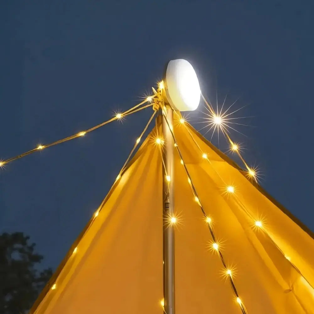 Lampa kempingowa Camp Lamp™💡 33-stopowy, zwijany łańcuch świetlny 🔋 8 godzin pracy na baterii 🌈 Wiele ustawień kolorów ⚙️ Montaż w kilka sekund