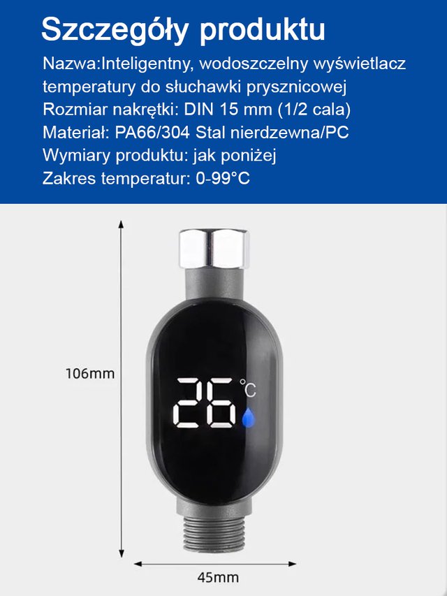 Inteligentny, wodoszczelny wyświetlacz temperatury do słuchawki prysznicowej