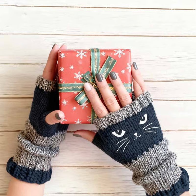 🐱 Śliczne damskie rękawiczki dzianinowe w kształcie kota🧤🧶