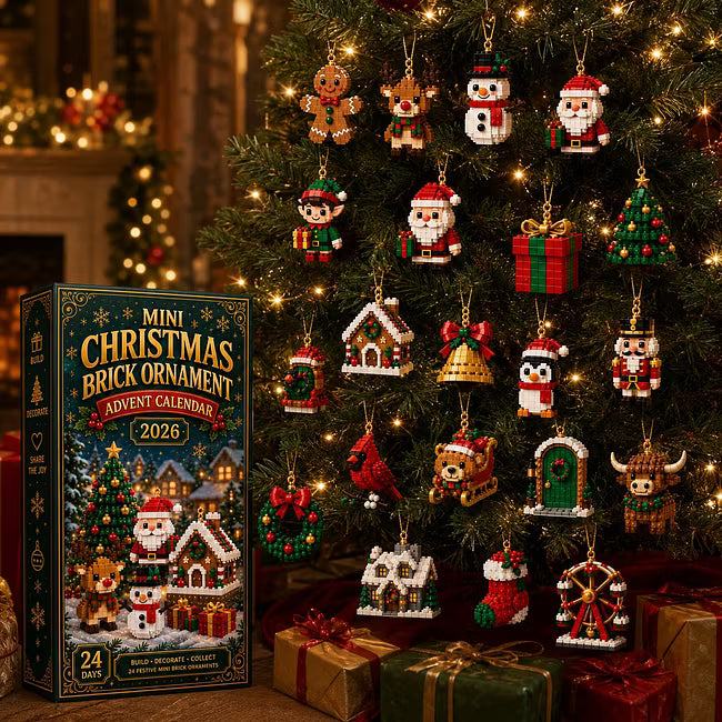 🎄 24-dniowy mini kalendarz adwentowy z ozdobami świątecznymi | 24 wyjątkowe, świąteczne, do samodzielnego zbudowania wzory z pętelkami do zawieszania — idealne do dekorowania choinek, wieńców i świątecznych dekoracji 🧱