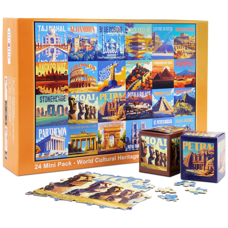 Rokt&razo Travel Series, 24 mini puzzle po 1000 elementów, 8 naklejek, 3 tematy: parki narodowe, światowe dziedzictwo, globalna wycieczka po mieście