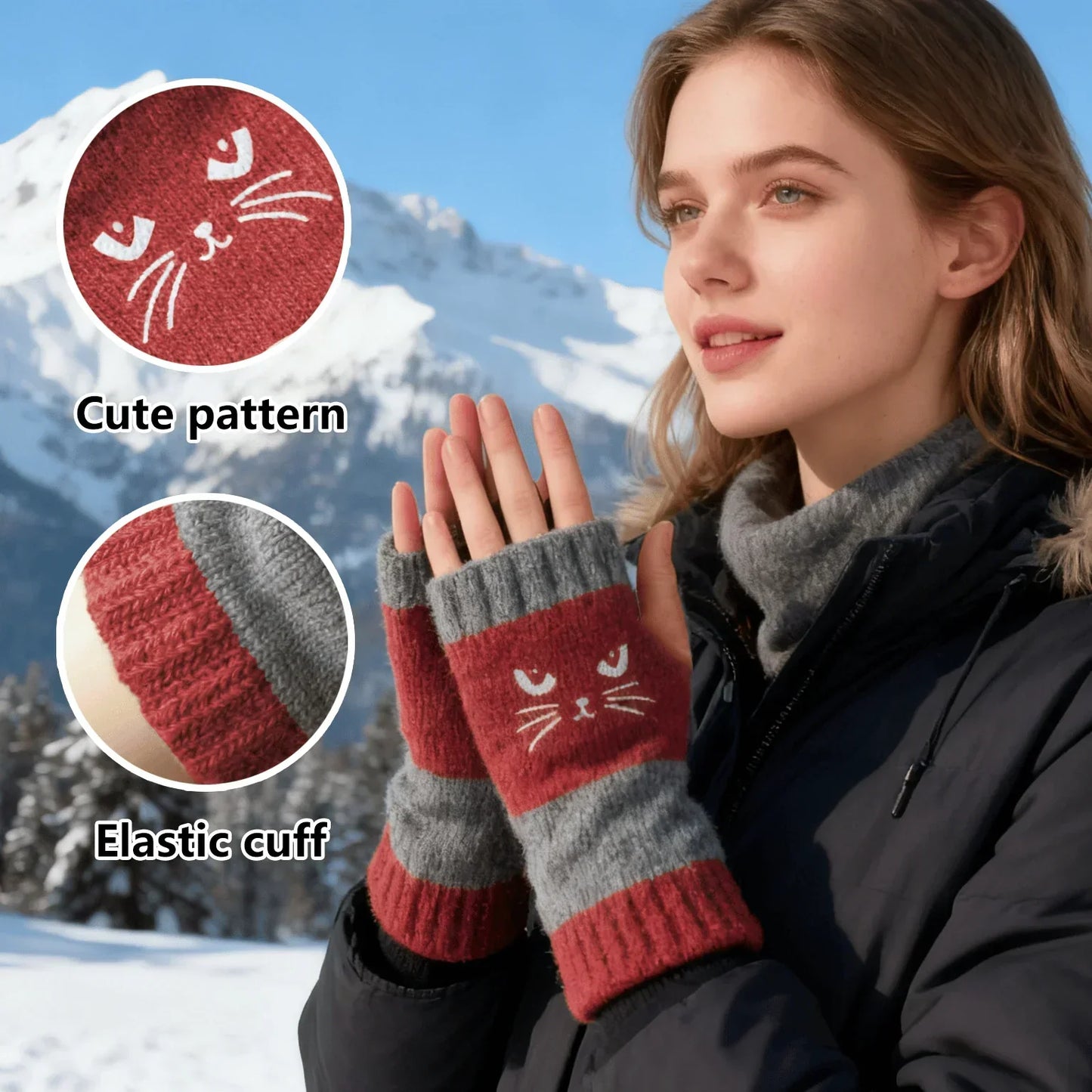 🐱 Śliczne damskie rękawiczki dzianinowe w kształcie kota🧤🧶