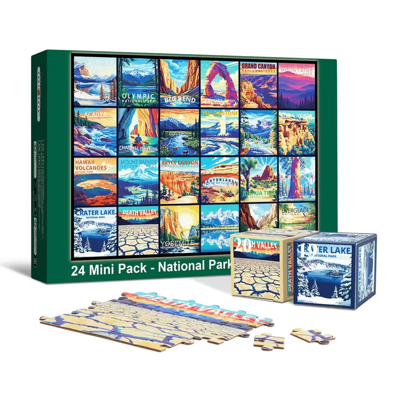Rokt&razo Travel Series, 24 mini puzzle po 1000 elementów, 8 naklejek, 3 tematy: parki narodowe, światowe dziedzictwo, globalna wycieczka po mieście