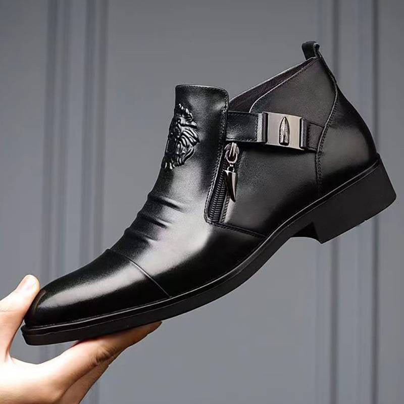 Męskie skórzane buty z podwójnym zamkiem i szpiczastym noskiem