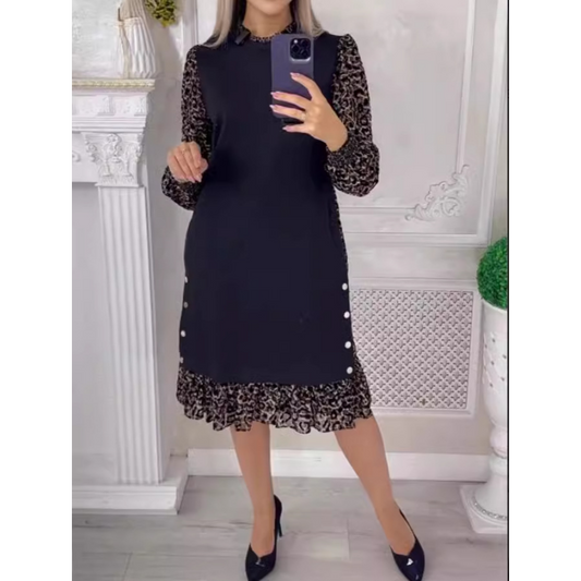 👗【S-3XL】 Patchworkowa sukienka z długim rękawem i nadrukiem w panterkę na jesień i zimę