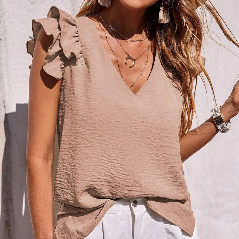 【S-2XL】👚Elastyczny top z falbanką bez rękawów z dekoltem w serek