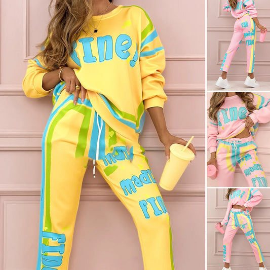 ✨Kolorowy damski komplet dresowy: bluza + joggery z nadrukiem