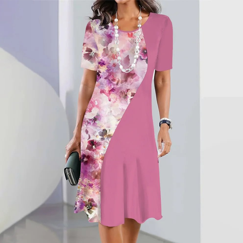🌸Damska elegancka sukienka z okrągłym dekoltem w kwiatowy print