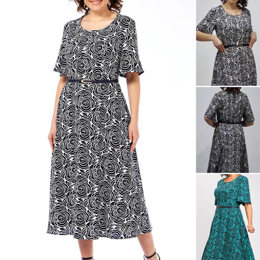 Elegancka sukienka maxi z nadrukiem i paskiem