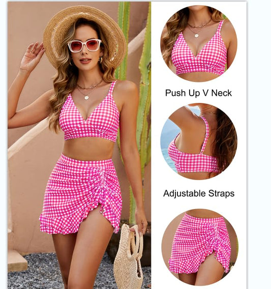 🔥👙Komplety bikini z wysokim stanem dla kobiet, modelujące brzuch i w kratkę💖