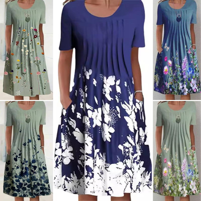 【S-3XL】👗Sukienka w kwiaty z okrągłym dekoltem