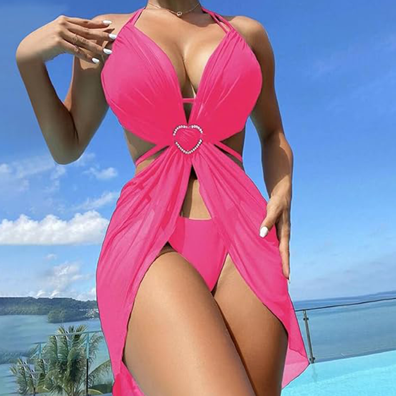 ✨Naszyjnik z krzyżem i koroną👑👙Komplet bikini bez ramiączek w jednolitym kolorze, 3 częściowy