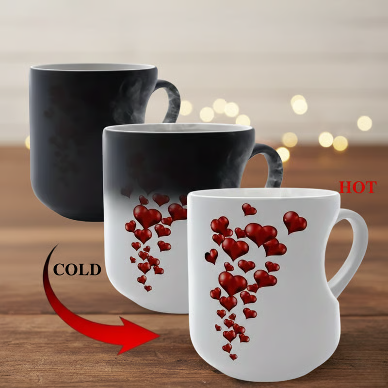 Magiczna zmiana! Kubek z wzorem serca aktywowanym ciepłem – ukazuje żywe kolory powyżej 60°C | Idealny prezent