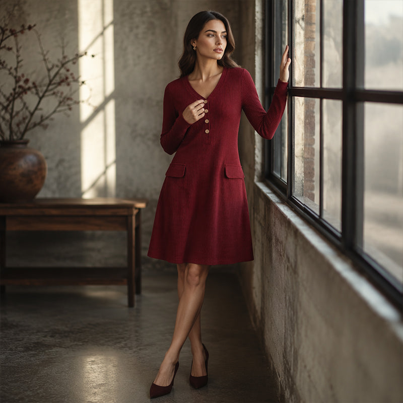 👗 Sukienka dzianinowa w pionowe paski i dekolt w serek dla kobiet